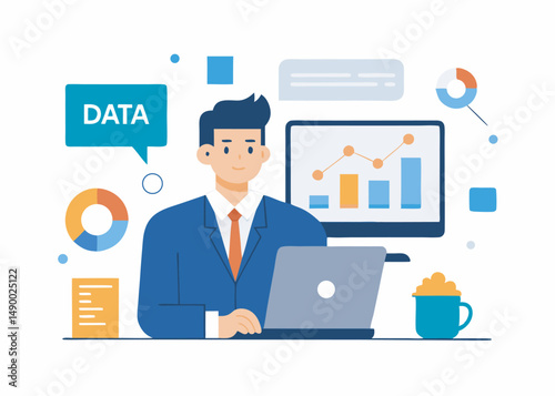 A character analysis data on computer concept. Data analysis vector illustration editable object on white background

