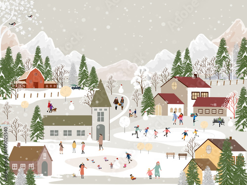 Winter background,Nature landscape forest,mountains and snow,Christmas banner with people celebration in city park,Vector Winter wonderland for Xmas,New Year 2026