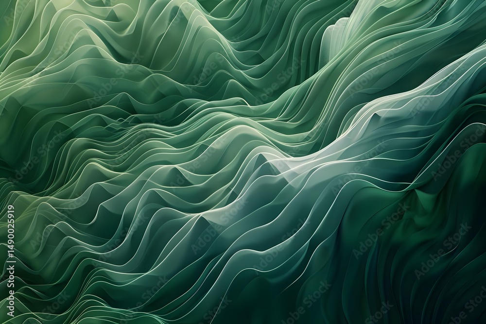 Obraz premium Abstract Green Waves: Fluid, Organic 3D Render of Seamless Curving Lines and Shapes, Evoking Natural Landscapes and Dynamic Flow, Ideal for Backgrounds and Designs.