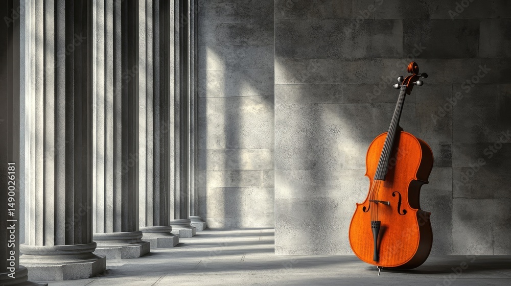 Naklejka premium Classical string instrument in a sunlit colonnade.