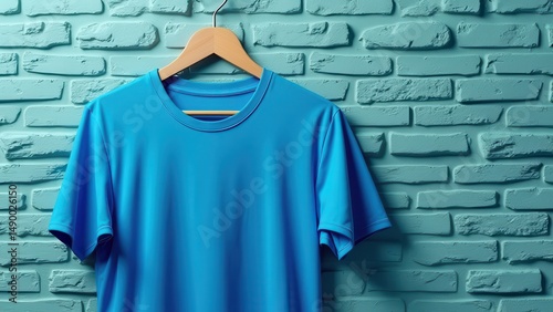 Blue t-shirt mockup on hanger against teal brick wall for product display and advertising presentation template concept