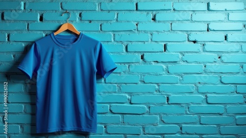 Blue t-shirt mockup on hanger against teal brick wall for product display and advertising presentation template concept