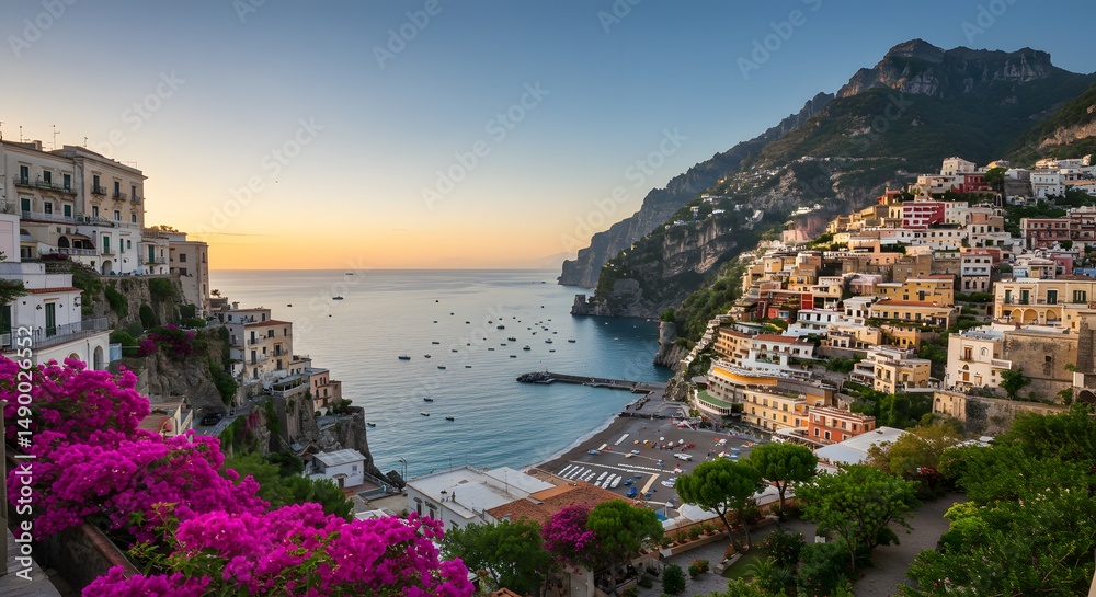 Naklejka premium Sunset view of Positano along the Amalfi Coast with colorful buildings and vibrant flowers in early evening Generative AI
