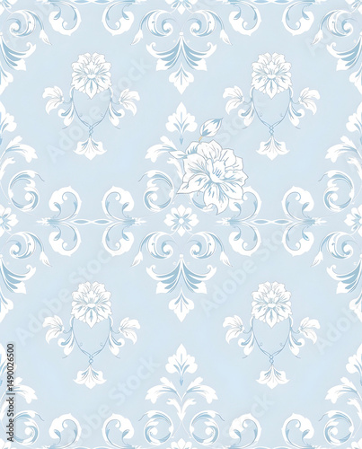 Elegant Victorian Baroque floral scroll on pastel blue, seamless pattern.