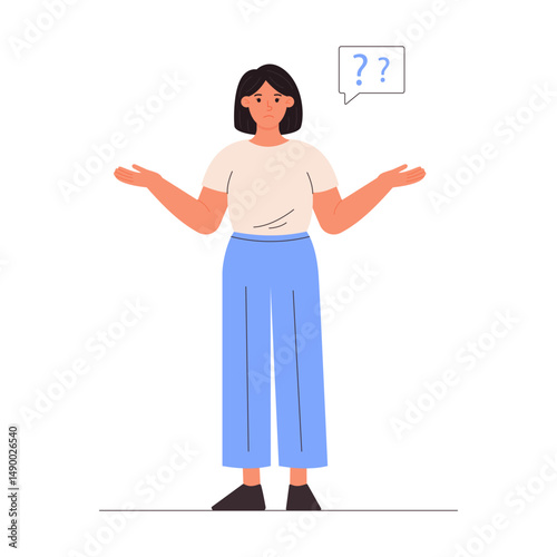 Woman spread her hands. I don't know, question mark, sorry. Question and expression of doubt. Vector illustration	