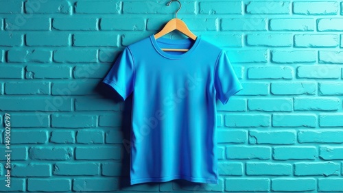 Blue t-shirt mockup on hanger against teal brick wall for product display and advertising presentation template concept