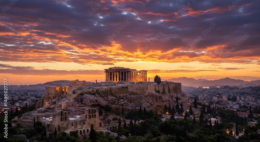 Fototapeta premium Sunset over the Acropolis showcasing ancient structures and vibrant clouds in Athens Generative AI