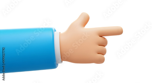 3D cartoon hand in blue suit pointing right.  Simple, clean design. 3D icon, plastic illustration style on transparent or white background