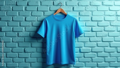 Blue t-shirt mockup on hanger against teal brick wall for product display and advertising presentation template concept