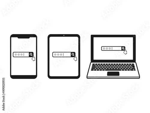 指がついた検索ボックス入力中のスマホ・タブレット・PCのイラスト／UI・プレゼンに便利な素材