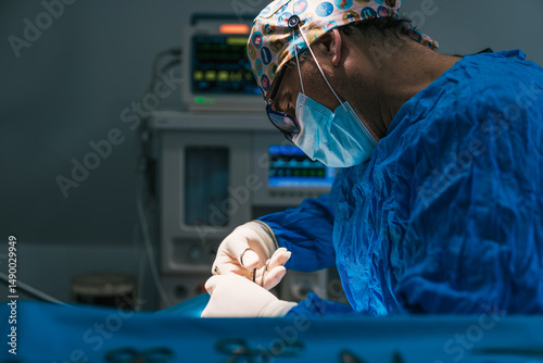 Veterinarian surgeon concentrating while performing a surgical operation in a veterinary hospital operating room photo