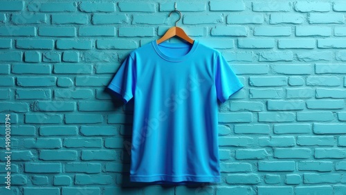 Blue t-shirt mockup on hanger against teal brick wall for product display and advertising presentation template concept