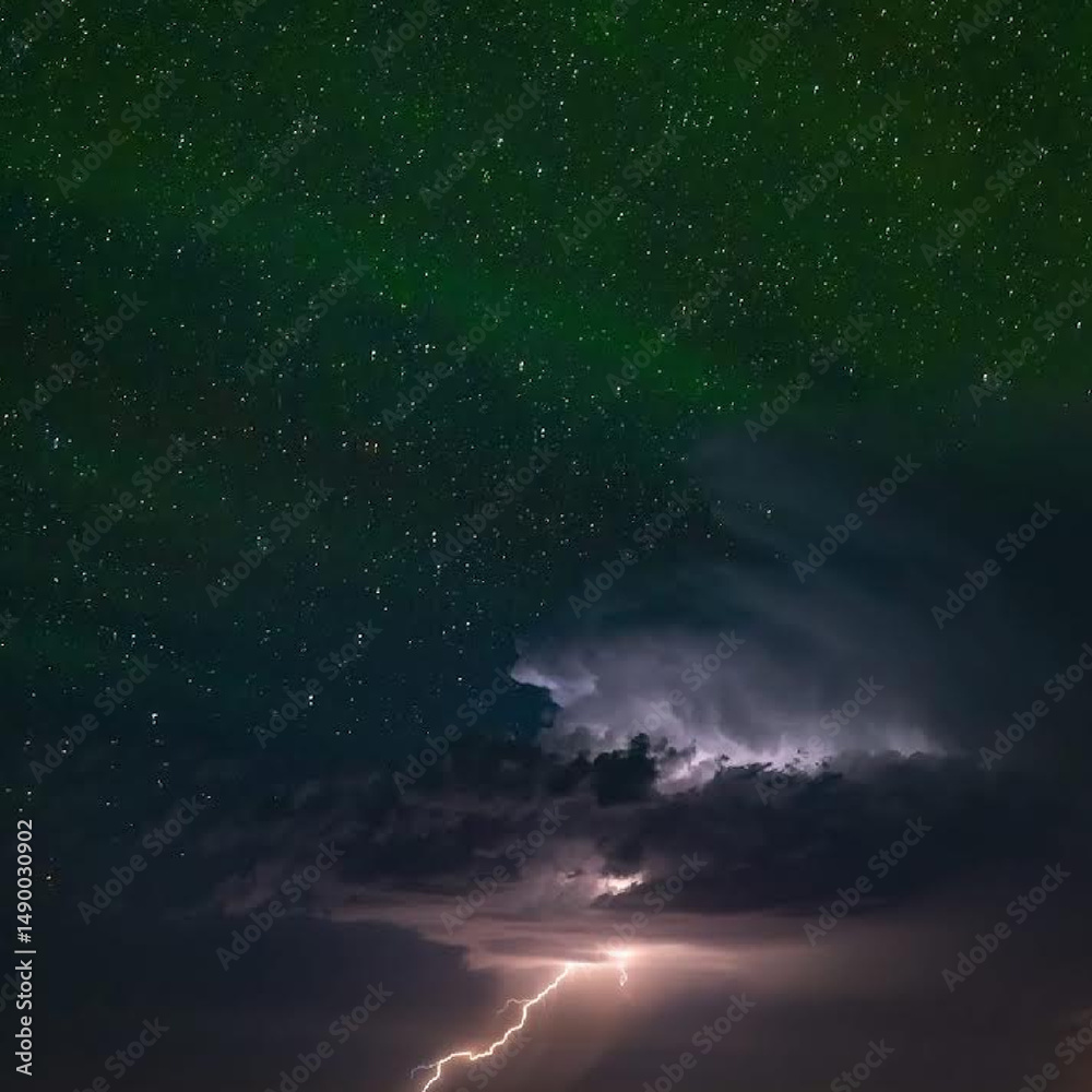 Fototapeta premium There are multiple lightning bolts visible in the image. The lightning appears to be branching out, creating a complex network of bright, jagged lines against the dark background.