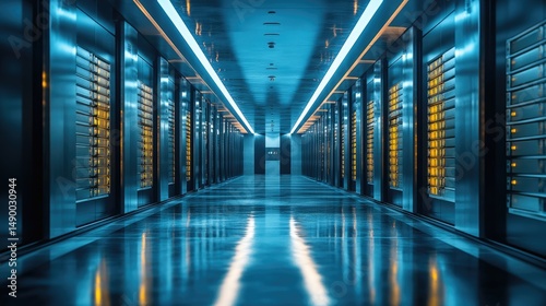 Modern server room interior with reflective floor.