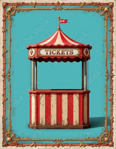 Vintage Ticket Booth with Red and White Stripes Against Blue Background