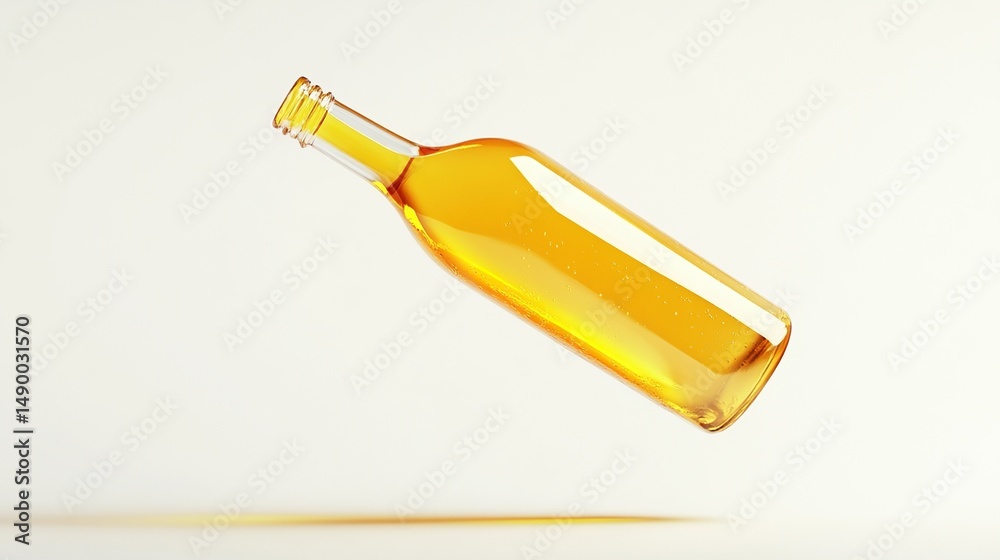 Fototapeta premium A clear glass bottle, amber liquid inside, floats against a minimalist white background, casting a subtle shadow