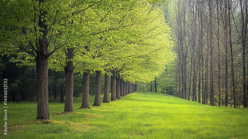 Obraz premium Spring trees line rural path, misty background, nature scene, idyllic