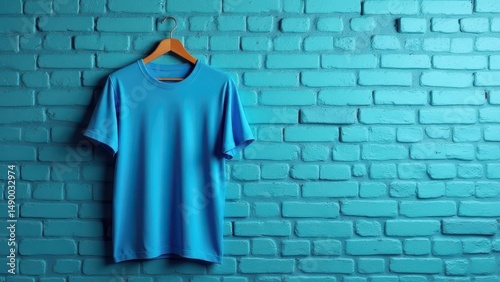 Blue t-shirt mockup on hanger against teal brick wall for product display and advertising presentation template concept