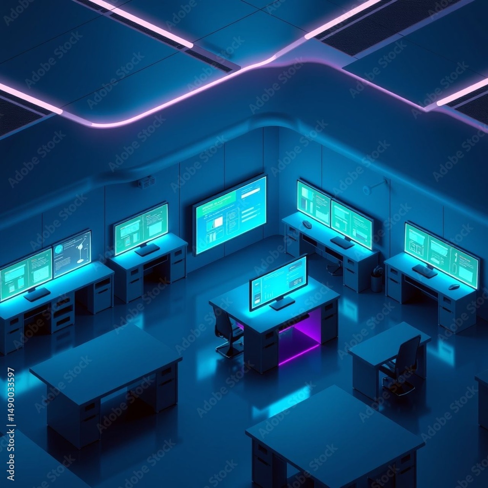 Fototapeta premium Futuristic office space with multiple computer monitors glowing in blue ambient