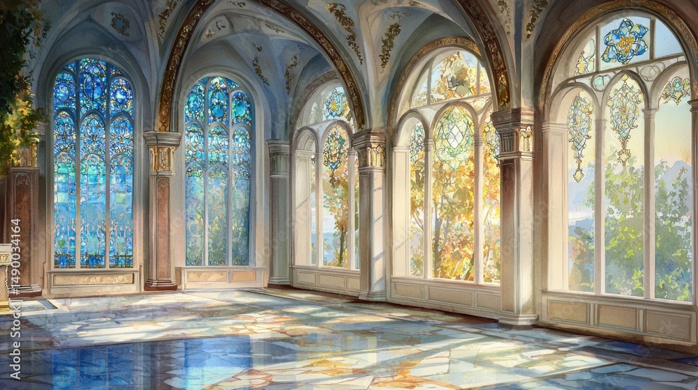 Obraz premium A large room with a lot of windows and a blue stained glass window