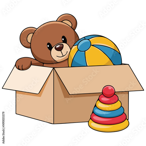 Childrens toy storage with plush bear isolated vector illustration on white background
