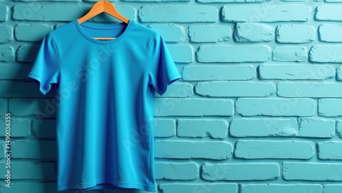Blue t-shirt mockup on hanger against teal brick wall for product display and advertising presentation template concept