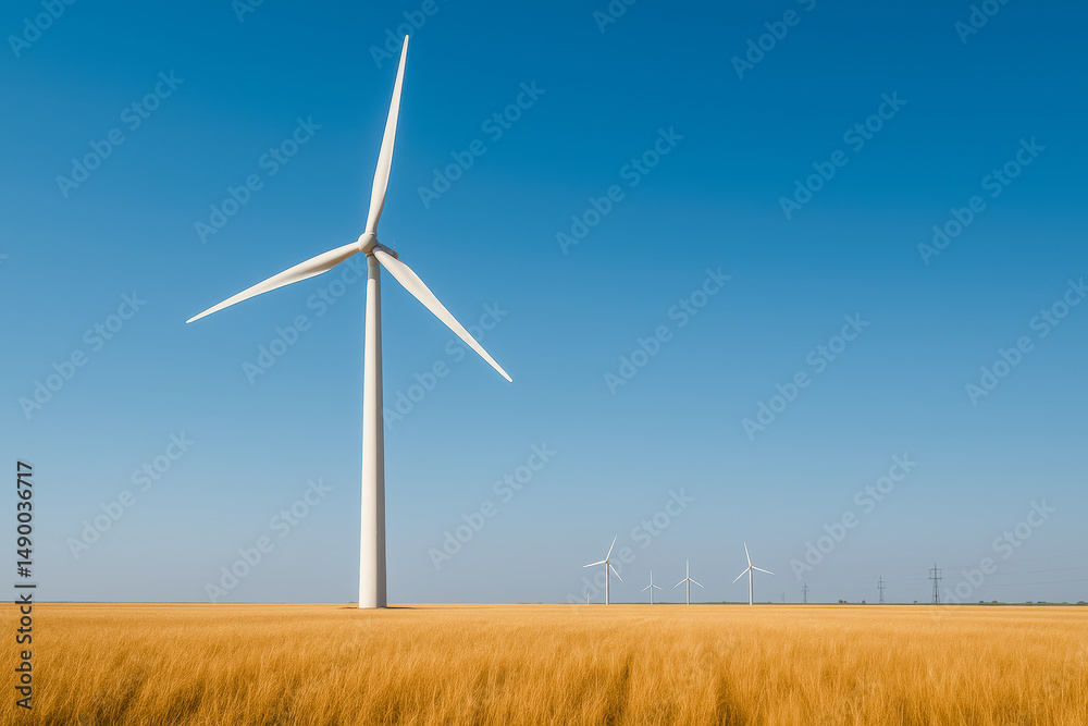 Tall white wind turbine standing in a golden wheat field under a blue sky, with more turbines in the background—symbolizing sustainable agriculture, renewable wind power, eco-friendly electricity Tall white wind turbine standing in a golden wheat field under a blue sky, with more turbines in the background—symbolizing sustainable agriculture, renewable wind power, eco-friendly electricity