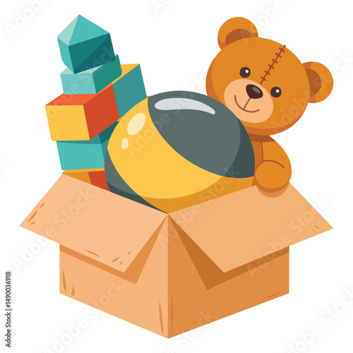 Toy box with cuddly teddy bear isolated vector illustration on white background