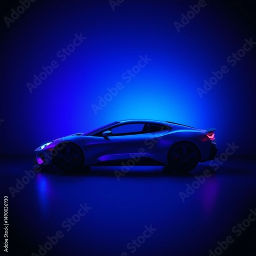 Sports car glowing under blue neon light in dark studio