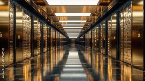 Golden server room corridor, reflecting modern design.