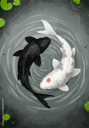 Two koi fish forming a yin-yang shape as they swim in a circle, expressing balance and duality through elegant ink movement.