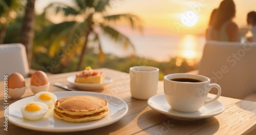 Wallpaper Mural Breakfast, eggs, fruit, pancake, coffee, on the table, aesthetic, witha  sun rise tropical background Torontodigital.ca