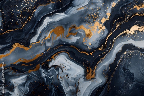 Fluid Acrylic Pouring:  Creating Abstract Swirls of Deep Blue, Gray, and Gold, Achieving a Luxurious Marble Effect with Stunning Visual Depth and Exquisite Detail, Perfect for Artistic Inspiration.