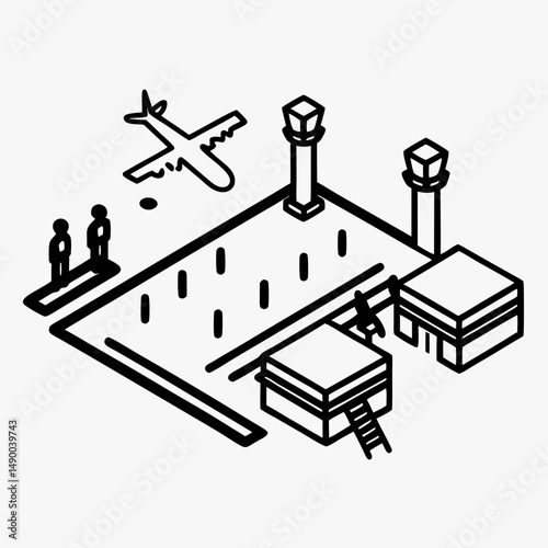 Isometric illustration of an airport with runway and control tower  
