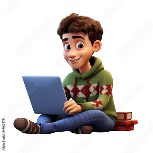 Cartoon boy using laptop sitting on floor