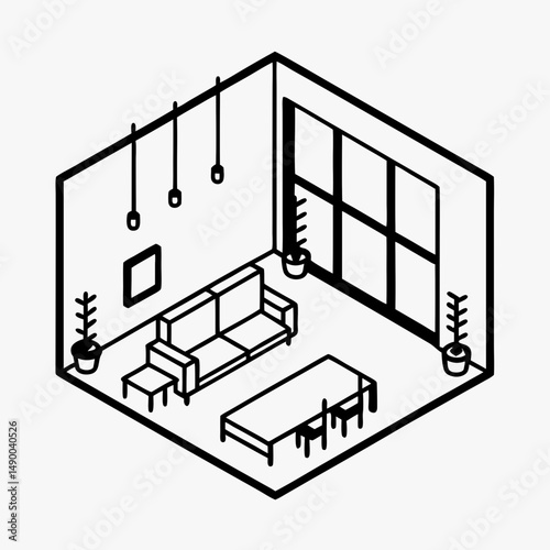 Modern loft-style living room with minimalistic furniture and plants  
