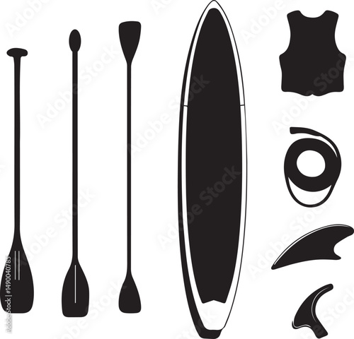 Stand Up Paddle Board Equipment Vector Set – Silhouette Icons of SUP Gear and Accessories