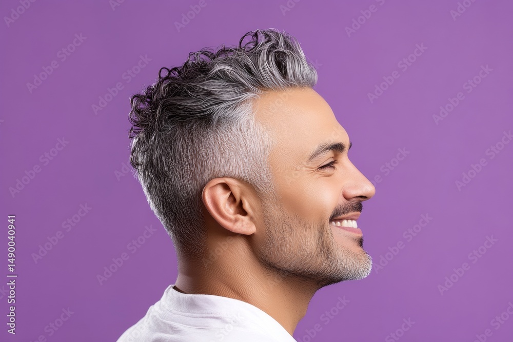Obraz premium Purple solid background. A relaxed man looking serene in his portrait. Classy men's high fade haircut - midlife middle eastern man with curly hair. Visual idea art of style for aging men.
