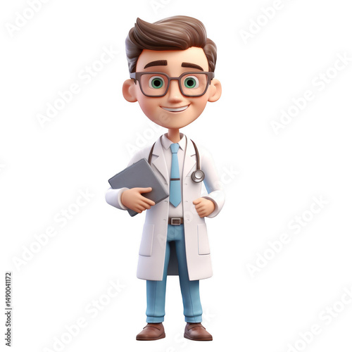 Cartoon doctor holding a gray clipboard