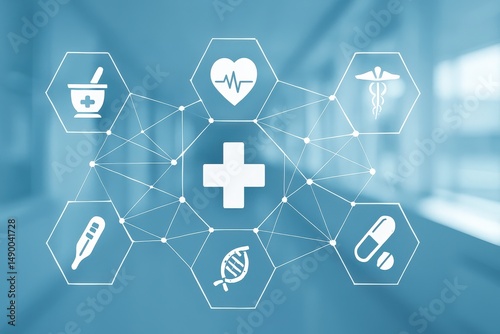 Medical network interface with health icons on a blue digital background. Symbols include DNA, pills, heart, thermometer, and cross. Concept of digital healthcare and modern medicine