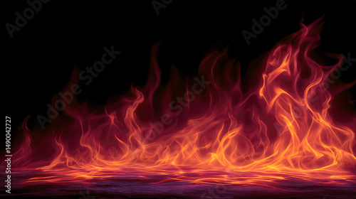 Fiery Inferno: Capturing the raw power and mesmerizing beauty of flames, this image showcases a wall of fire against a stark black background, illuminating the scene with its dancing, fiery hues.