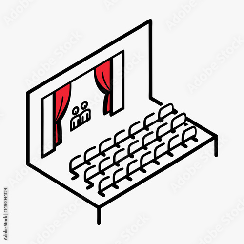 Theater stage with seats and red curtains in modern design  
