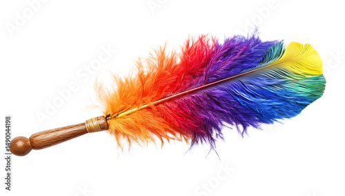 Rainbow ostrich feather duster isolated on a white background