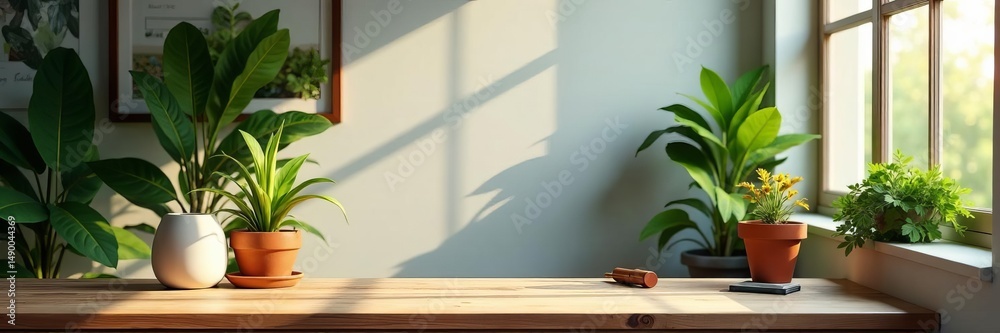 Fototapeta premium Stylish workspace with plants and natural light, workplace, natural light