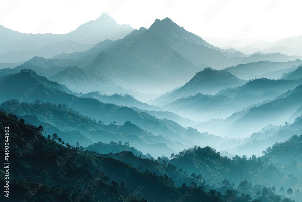 Obraz premium A foggy mountain landscape with soft gradients of blue and green, isolated on clean white background