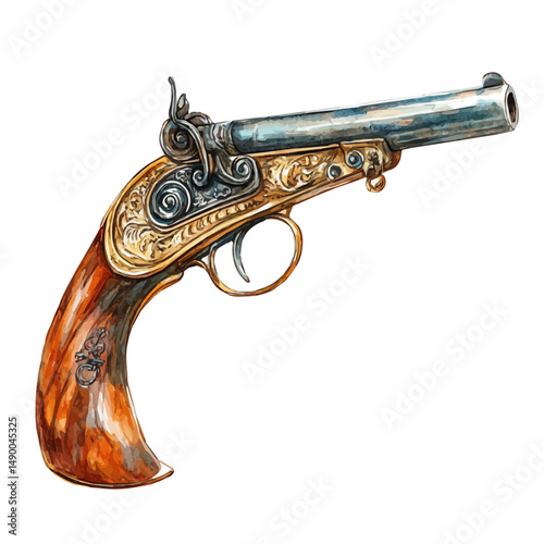 watercolor of Ottoman Flintlock Pistol, vector high quality, isolated on a white background.