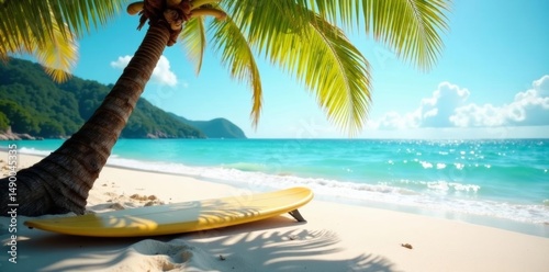 Fototapeta Naklejka Na Ścianę i Meble -  Surfboard resting on sandy beach by palm tree, ocean, beach