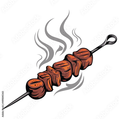 Grilled meat kebab on skewers picnic isolated vector illustration on white background