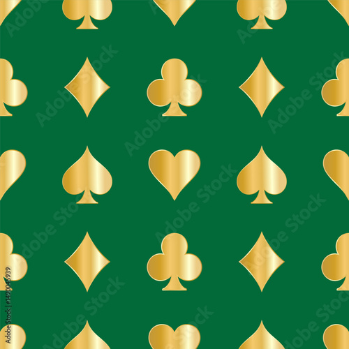 Seamless pattern of playing card symbols. Golden spades, clubs, hearts, diamonds on a green background. Vector illustration
