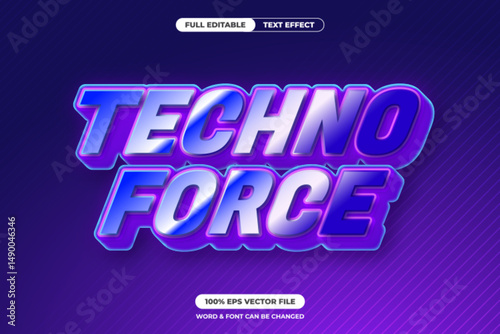 Bold and futuristic Techno Force text effect with a sharp gradient and neon lighting. Ideal for esports, digital posters, and techno-themed visuals. Full editable vector file.